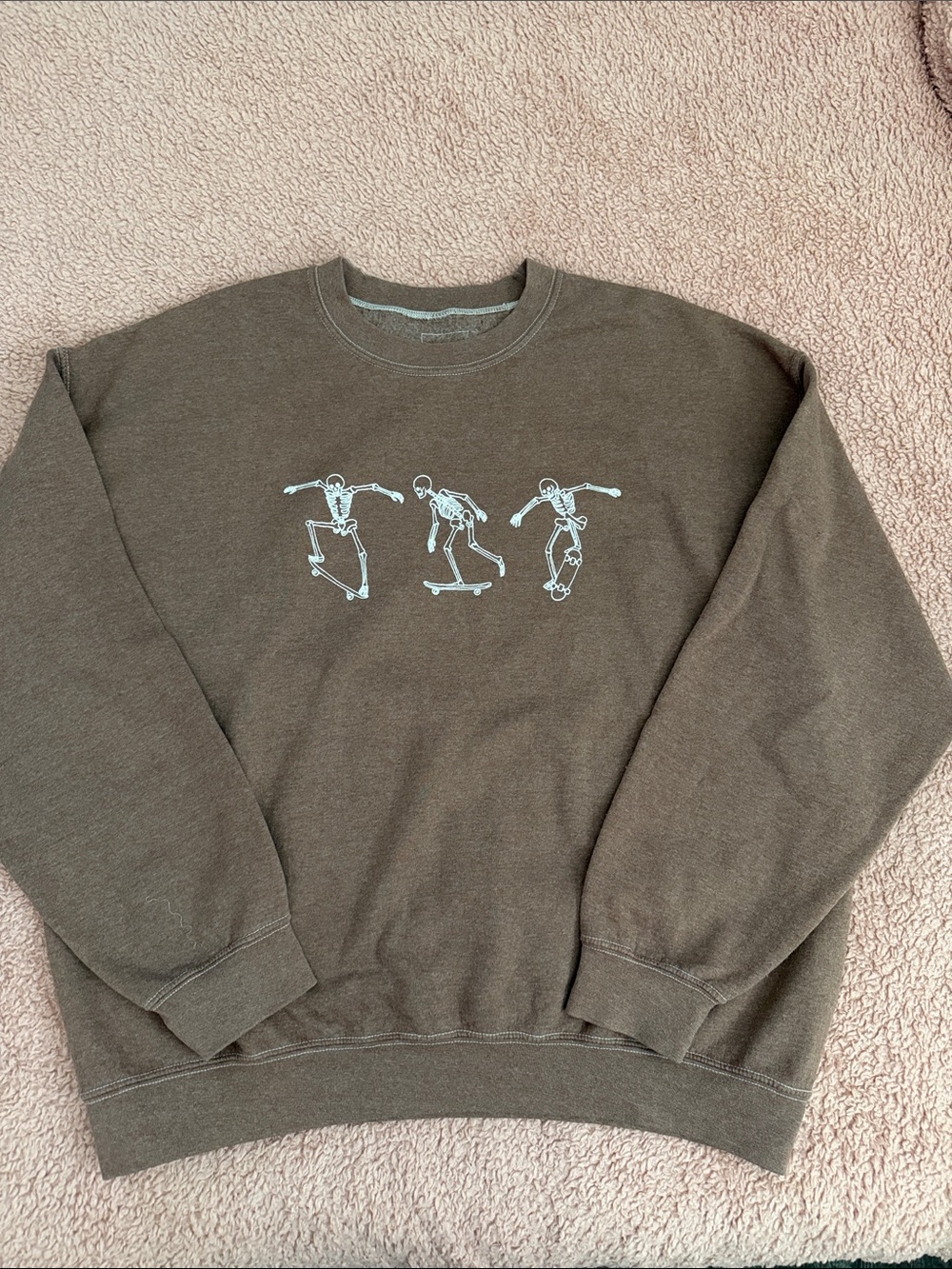 Brown Crewneck Sweatshirt with Skeleton Skate Graphic